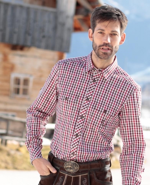 Trachtenhemd Feierlaune rot/braun Langarm Slim Fit Spieth & Wensky