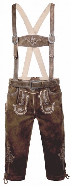 Lederhose Kniebund Schorschi walnut glossy mit Gürtel und Träger Marjo