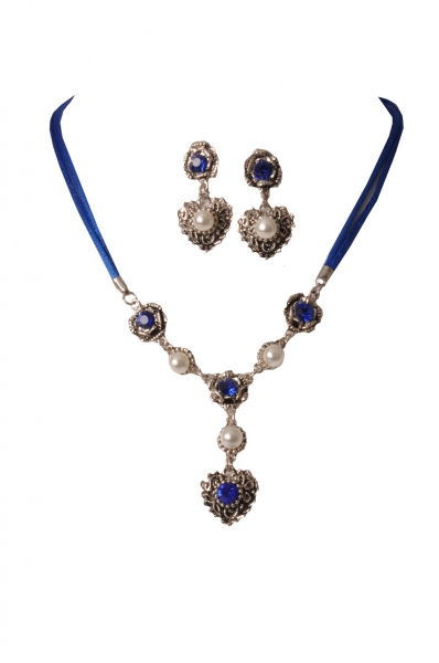 Trachtenkette Obermeitingen 2-tgl. Collier m. Ohrhänger blau dunkelblau v. Wolkenweiss
