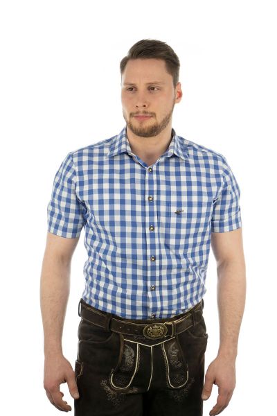 Trachtenhemd Waffenmühle blau karo kurzarm Slim Fit OS Trachten