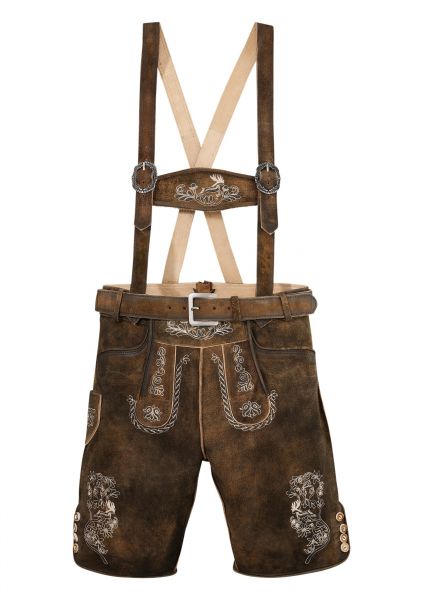 Lederhose kurz Carl antik bistre brown mit Gürtel und Träger Marjo