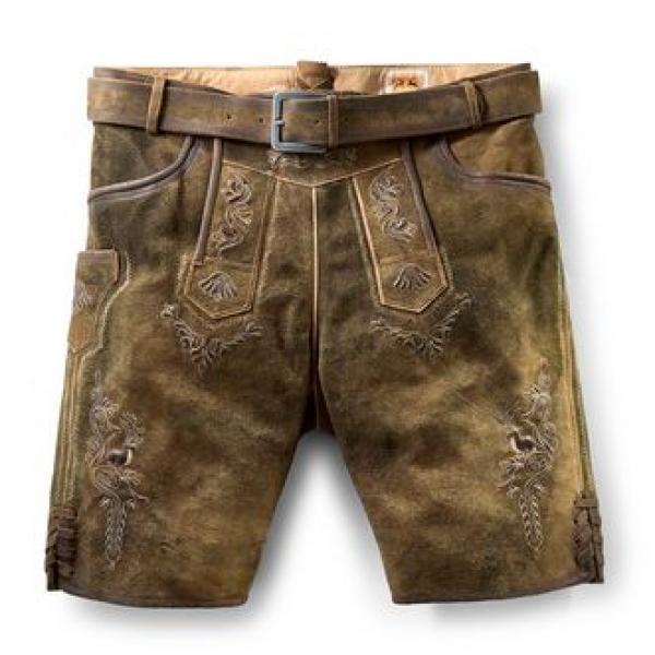Lederhose kurz Friedolin heu braun alt mit Gürtel Maddox